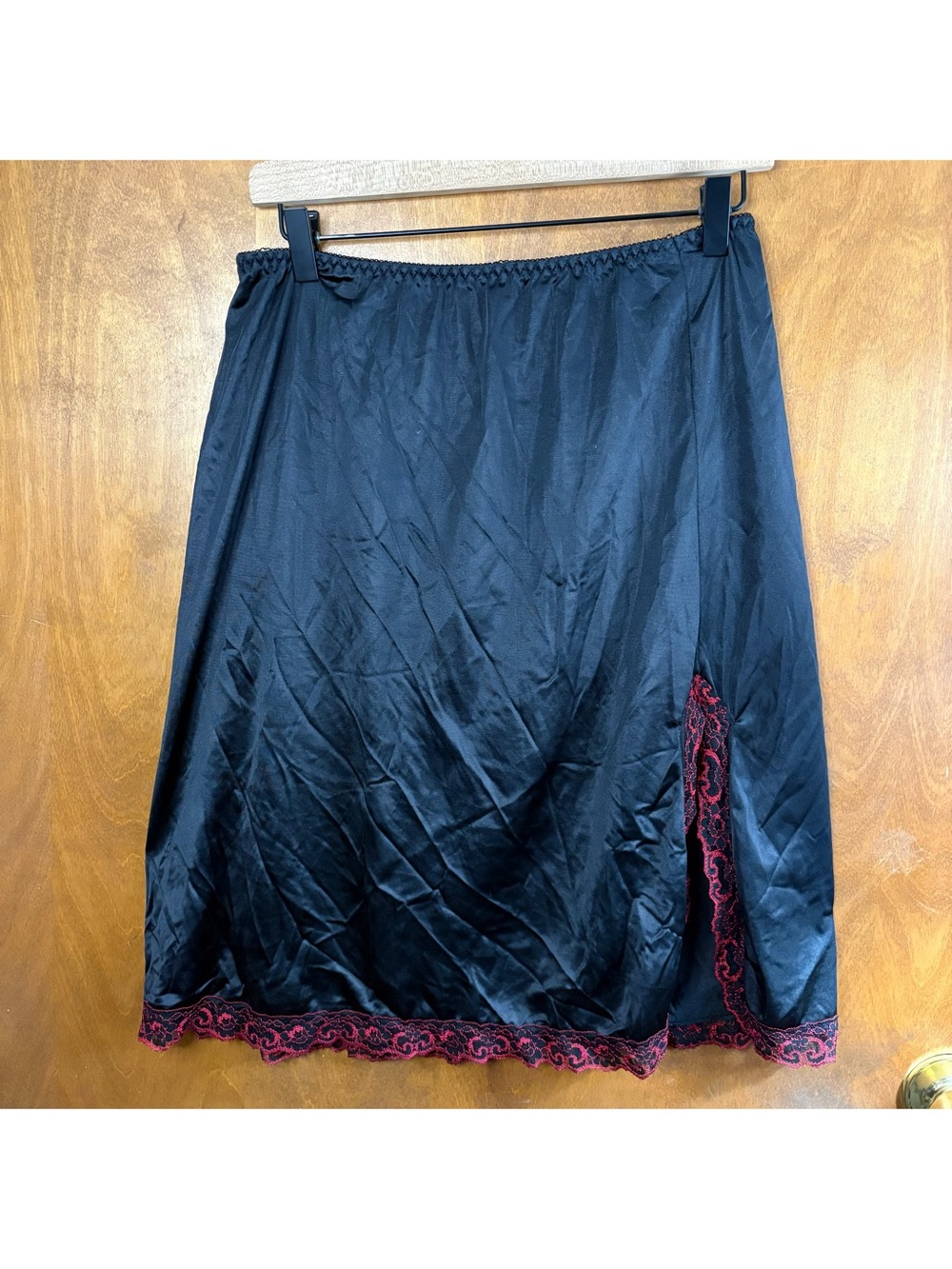 Vintage 90s Black Satin Slip Skirt Red Lace Trim Goth Vampire Rockabilly Pinup